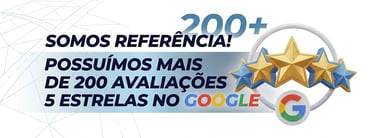 Banner comemorativo de mais de 200 avaliações 5 estrelas no Google com ícone de estrelas douradas.