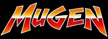 Stylized MUGEN logo with bold gradient letters transitioning from orange to red, outlined in white, set against a contrasting