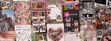 A feminine aesthetic pink collage with photos of flowers, fashion, music playlists, and memories.