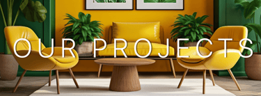 Modern interior design showcase featuring yellow velvet chairs and green indoor plants.