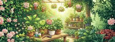 Illustration of tropical plant nursery garden with lush green foliage