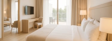 modern hotel room with large bed