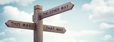 wooden signpost with three signs - this way, that way, the other way