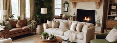 a living room with a fireplace and a fireplace