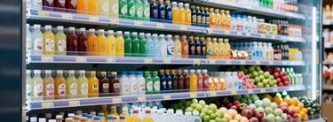 A bright commercial display refrigerator stocked with colorful beverages and fresh produce in a supermarket in Riyadh, cool ice blue interior lighting, clean high-end photography.