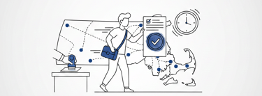Doodle-style illustration of a document with an apostille stamp and checkmark over a Massachusetts o