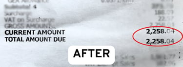 Close-up of a utility bill showing the total amount due circled in red with an after comparison label.