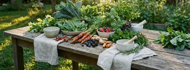 a table with bowls of vegetables and herbs