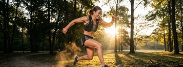 a woman running on a log log in the woods