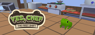 A green frog sitting on a kitchen floor in the video game Yes, Chef: The First Shift.