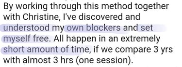 Client testimonial describing how one RTT session uncovered and released personal blockers fast