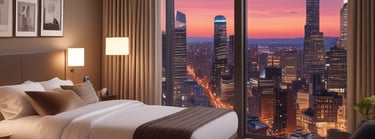 Cozy hotel suite with warm lighting and a large window showing a city skyline at dusk.