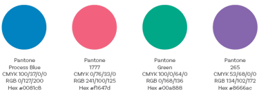 Brand color palette with their respective color codes.