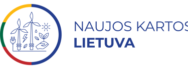 Naujos Kartos Lietuva logo featuring renewable energy icons like wind turbines and solar sun.