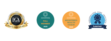 health coaches academy diploma; UKIHCA full member and registered health coach; PCI learner logos