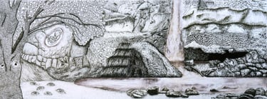 Ink and watercolor artwork of a fetus attached to a tree next to a waterfall