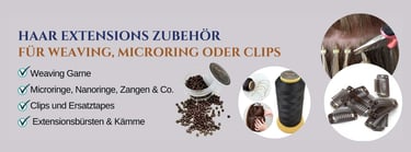 Haar Extensions Zubehör für Weaving und Microringe mit Garn, Clips und Zangen.