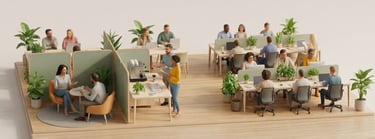 A 3D isometric illustration of a modern open-plan office with coworking spaces, ergonomic desks, and green plants.