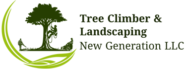 Tree Climber & Landscaping New Generation LLC logo featuring an arborist and lawn care services.