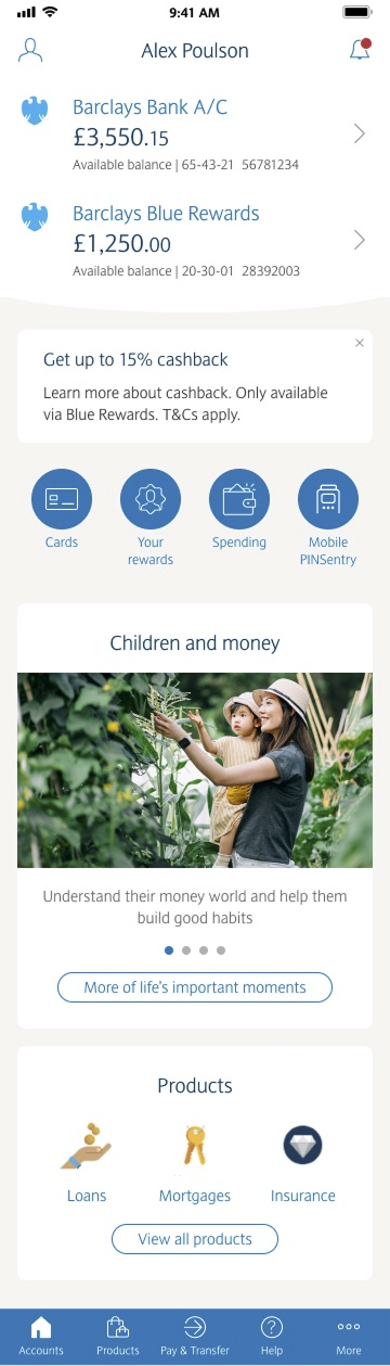 UI design showing the fullscreen of the Barclay app homepage. The entrypoint to sign up to cashback.