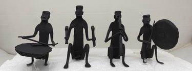 "Handcrafted wrought iron tribal musician figurine set – drummer, percussionist, flutist, and gong player-Shipped worldwide"