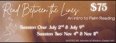 Event Description for a palmistry class hosted by Women of Wisdom in Easton, MA