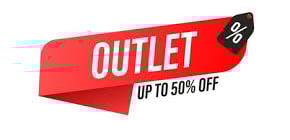 Red outlet sale banner offering up to 50 percent off with a black price tag icon.