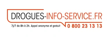 Drogues Info Service logo with free anonymous helpline 0 800 23 13 13 for drug support in France.