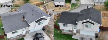 Before and after comparison of a professional residential roof replacement with new dark asphalt shingles.