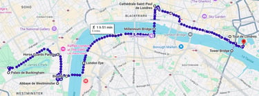 Carte de Londres avec itinéraire pour découvrir les monuments les plus emblématiques