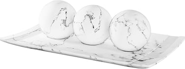 Marble-look tray and orb set for modern dining table centerpiece.