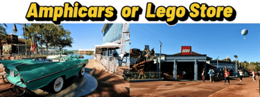 Split screen of Amphicar dock and LEGO Store at Disney Springs on a sunny day.