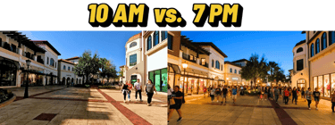 Disney Springs walkway shown at 10 AM and 7 PM, comparing quiet morning crowds with a busy evening scene.”