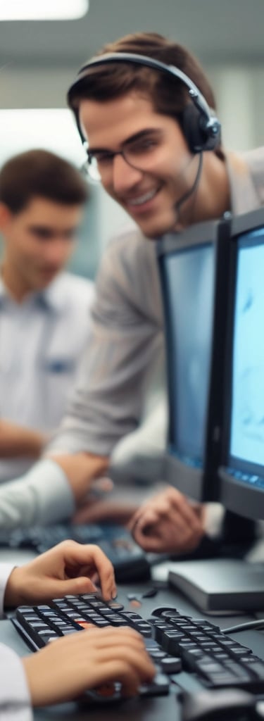 Customer support team wearing headsets while working at computer monitors in a busy call center office.