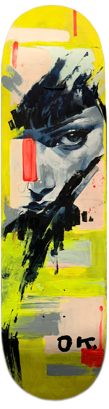 Originalgemälde "OK" – abstraktes Portrait auf Skateboard-Deck in Acryl von Sandra Meraki