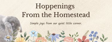 Hot Cross Buns' Hoppenings From the Homestead Banner with Boggle peeking through wildflowers