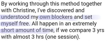 Client testimonial describing how one RTT session uncovered and released personal blockers fast