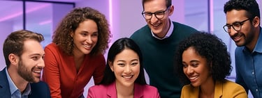Diverse team of professionals collaborating around a screen, symbolizing teamwork and data-driven in