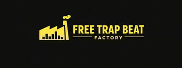 Free Trap Beat Factory brand banner, yellow industrial logo and bold typography on dark background.