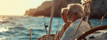 a man and woman sitting on a boat