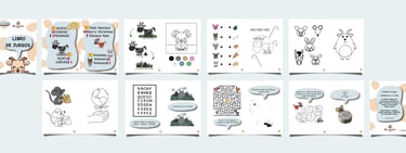 Spanish, English, and French bilingual children's activity book pages with animal coloring and puzzles.