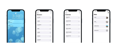 Mobile app interface showing smart home automation controls for sensors, garage doors, and site management.