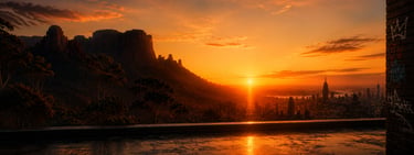 A golden sunset glows over a mountain range and a distant city skyline with tall skyscrapers.
