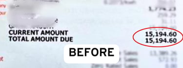 A utility bill showing a high total amount due of 15,194.60 with a before label.