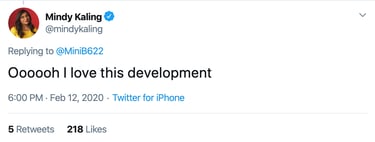 Mindy Kaling tweet reacting to launch; investor/creator excitement.