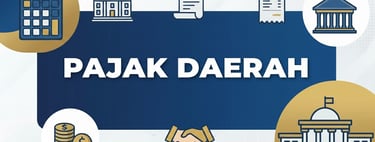 Pajak Daerah text banner featuring financial icons, government building symbols, and a calculator for regional tax themes