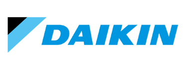 Daikin air conditioning logo with blue text and a black and light blue triangle icon.