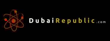 DubaiRepublic.com logo featuring a red atom symbol next to white and orange text on a black background.