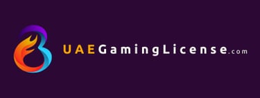 UAE Gaming License logo with a colorful flame icon and text on a dark purple background.