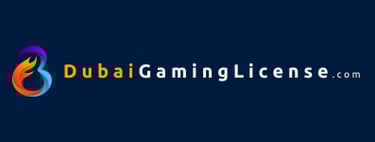 Dubai Gaming License official logo with a colorful flame emblem on a dark blue background.